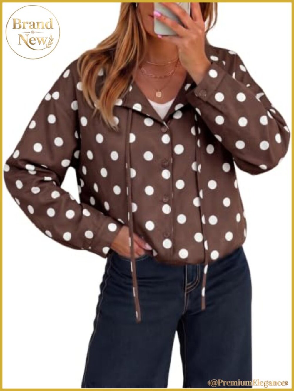 Cropped Polka Dot Funnel Neck Button Down Jacket with Drawstring